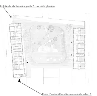 Entrer par le 1 rue de la Glacière. Tourner à droite, longer le bâtiment 1. Au bout du bâtiment, tourner à droite. La porte menant à la salle 13 est sur ce pignon.